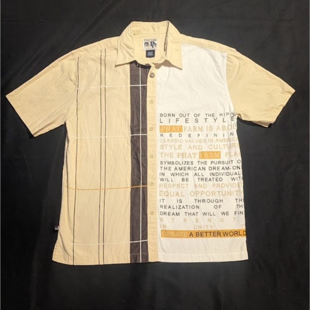 Phat Farm Button up Short Sleeve Tan Shirt with quote Men's Medium Top